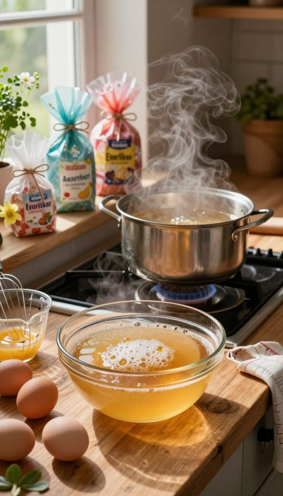 A warm and inviting kitchen scene showcasing a water bath (wasserbad) setup for making homemade Eierlikör. In the foreground, a glass bowl displays a rich, golden liquid bubbling gently, surrounded by fresh eggs, a whisk, and measuring cups. The middle layer features a stove with a simmering pot, steam rising softly, while a rustic wooden table is laden with colorful, beautifully wrapped Ostergeschenke, tied with twine and adorned with spring flowers. The background reveals soft natural light filtering through a window, casting gentle shadows and highlighting the cozy atmosphere. A hint of greenery from potted herbs adds a touch of freshness. The overall mood is authentic and inspiring, embodying the essence of DIY with a Pinterest-worthy aesthetic. Include the brand name "KlickKiste" subtly within the composition.