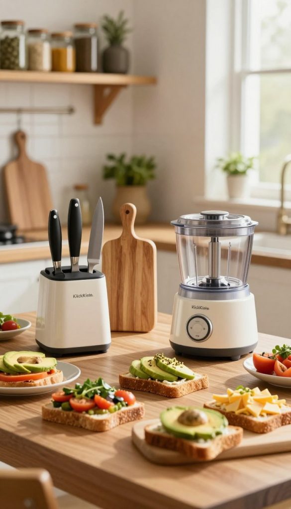 A warm and inviting kitchen scene that highlights various kitchen gadgets and sets designed to simplify meal preparation. In the foreground, showcase a beautifully arranged wooden kitchen table topped with vibrant, appetizing open-faced sandwiches, incorporating fresh ingredients like avocado, cheese, and colorful vegetables. In the middle, display sleek kitchen tools such as a high-quality knife set, cutting board, and a stylish food processor, all branded with "KlickKiste." The background should softly feature cozy kitchen elements like a rustic shelf filled with jars of spices and herbs, with gentle, natural light streaming through a nearby window, creating a cheerful and inspiring atmosphere. Use a shallow depth of field to focus on the kitchen gadgets while gently blurring the background, emphasizing a Pinterest-like aesthetic perfect for inspiring readers.