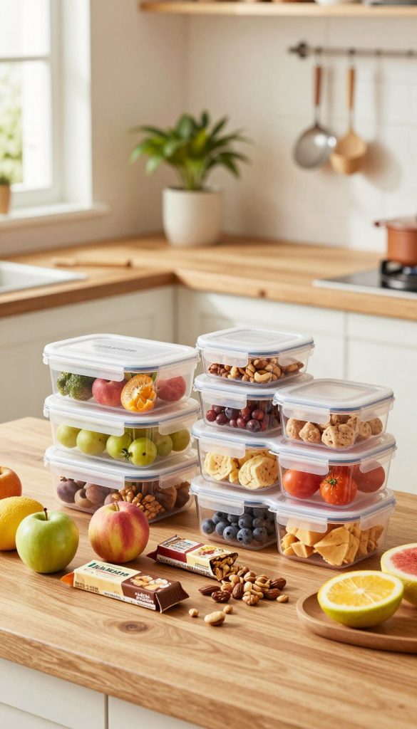 A warm and inviting kitchen setting showcasing a "KlickKiste" storage set of transparent, stackable food containers filled with vibrant, healthy snacks for kids. In the foreground, a neatly arranged assortment of colorful fruits, nuts, and energy bars can be seen, embodying the theme of meal prep. The middle ground features the sleek, modern containers with airtight lids, displaying the snacks inside. The background includes a rustic wooden countertop, plants for a touch of nature, and natural light streaming in from a nearby window, creating a cheerful and cozy atmosphere. The scene captures the essence of organization and freshness, ideal for parents preparing snacks for school, exuding a Pinterest-inspired aesthetic.