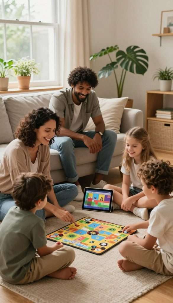 A warm and inviting living room scene, showing a diverse family of four engaged in a digital break. In the foreground, a mother and father in comfortable, modest casual clothing, sitting on a cozy sofa, smiling as they share a moment of laughter while playing a board game, symbolizing quality family time away from screens. In the middle, two children, a boy and a girl, are sitting cross-legged on the floor, with a tablet set aside, enthusiastically participating in the game. In the background, soft natural light streams through a large window with plants, creating a serene atmosphere. The overall palette is warm, featuring earthy tones and natural textures, capturing a Pinterest-inspired DIY aesthetic, fitting for the brand "KlickKiste," evoking authenticity and inspiration.