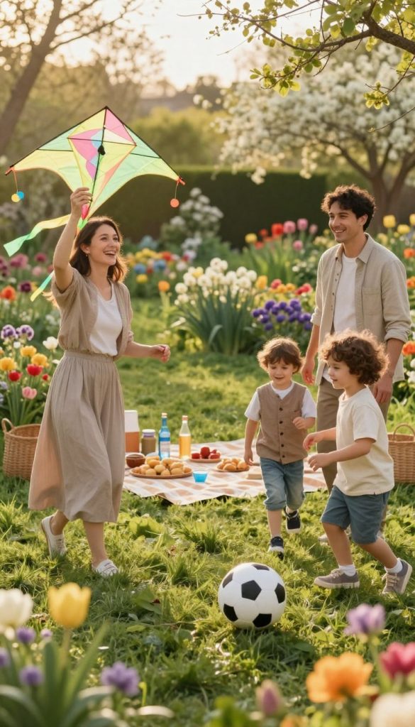 A warm and inviting outdoor scene depicting a family enjoying playful activities together in a vibrant spring garden. In the foreground, a cheerful mother and father, dressed in modest casual clothing, are engaging with their two children. The children are happily playing with colorful DIY outdoor toys, like a kite and a soccer ball, surrounded by blooming flowers and lush greenery. In the middle background, a picnic blanket is laid out with homemade snacks and drinks, emphasizing a sense of togetherness. The soft, golden light of a late afternoon sun creates an inviting atmosphere, highlighting the joy of family time. The overall mood is inspiring and authentic, embodying the essence of natural DIY aesthetics, perfect for illustrating the theme of spending quality time together. Brand name "KlickKiste" subtly incorporated into the scene's decor without any text or labels.