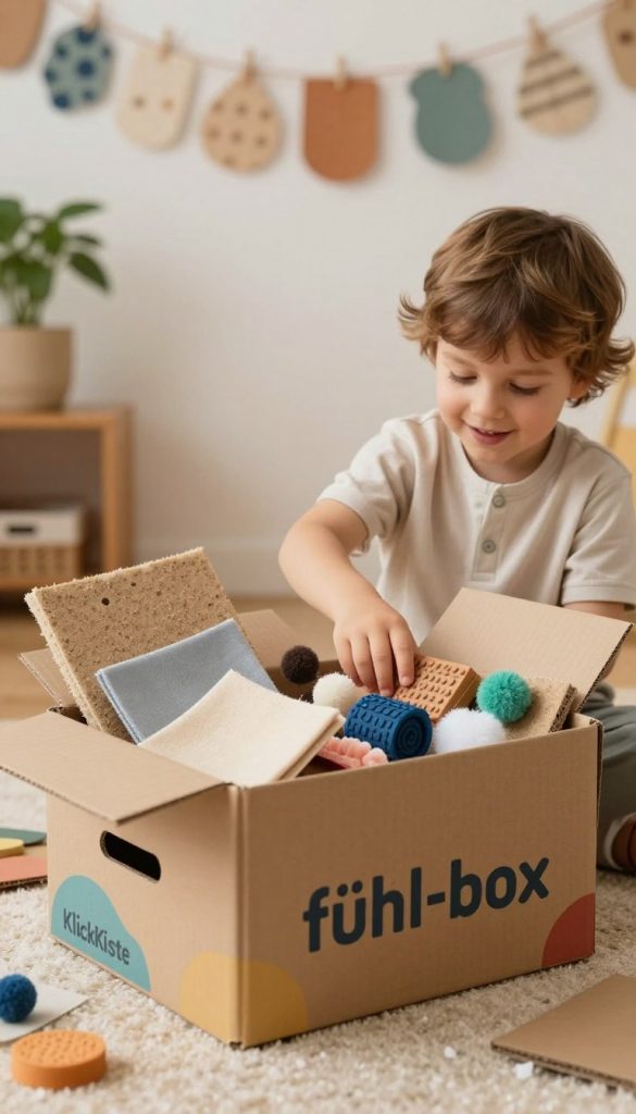 A warm and inviting scene centered around a "fühl-box" designed for children, showcasing a creative upcycling project by KlickKiste. In the foreground, the colorful cardboard box is filled with various textured materials such as soft fabric squares, rough sandpaper, smooth rubber, and fluffy pom-poms, inviting touch and exploration. The middle ground features a child, dressed in comfortable, casual clothing, joyfully interacting with the box and playing with its contents. The background includes a cozy, well-lit room adorned with simple, charming decor, such as handmade paper garlands and plants, creating a playful yet calming atmosphere. Soft, diffused lighting enhances the warmth of the scene, lending a Pinterest-worthy aesthetic filled with inspiration for DIY projects.