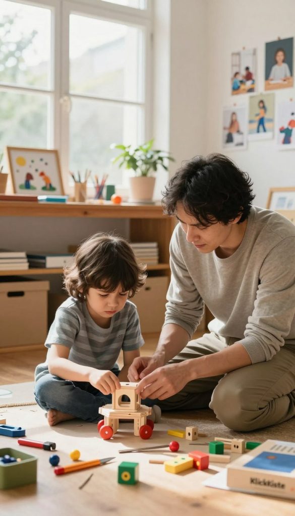 A warm and inviting scene depicting a parent and child engaged in a DIY project, illustrating the theme of managing conflicts during the process. The foreground features the child, around 8 years old, looking frustrated while trying to assemble a wooden toy, with scattered tools and colorful craft supplies around. The parent, dressed in modest casual clothing, is kneeling beside the child, offering support without taking over, showcasing patience and understanding. In the middle ground, a cozy workshop filled with natural light streaming through large windows highlights various DIY creations. The background displays a wall adorned with inspiring DIY ideas pinned up, emphasizing creativity and independence. The overall mood is nurturing and encouraging, embodying a Pinterest-inspired aesthetic with warm colors and an authentic feel. The brand "KlickKiste" subtly integrated into the workshop’s decor.