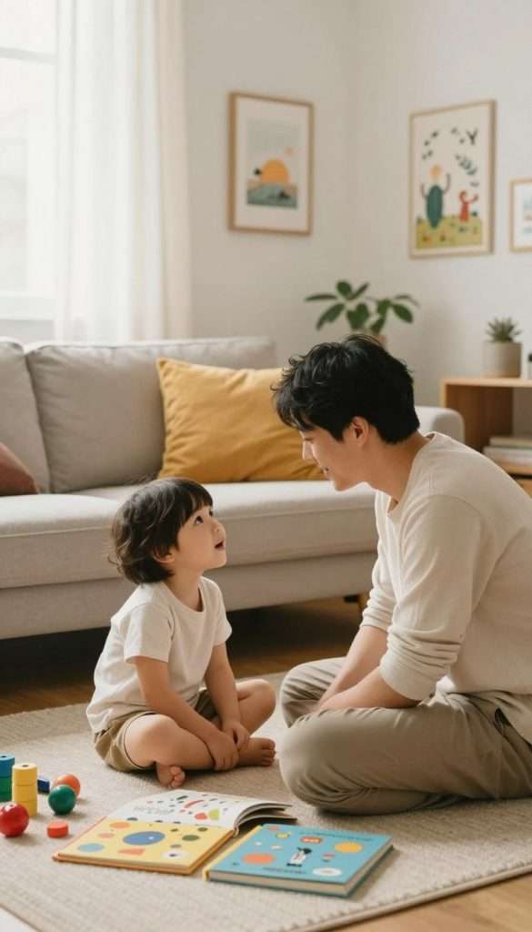 A warm and inviting scene depicting a parent engaging with a curious child in a cozy living room, emphasizing a nurturing environment. The foreground showcases the parent, dressed in modest casual clothing, kneeling to eye level with the child, who looks inquisitive and excited, surrounded by colorful books and educational toys. The middle ground features a soft couch adorned with vibrant cushions, giving the space a homely feel. In the background, soft natural light filters through sheer curtains, enhancing the cozy atmosphere. The walls are adorned with simple, meaningful artwork related to exploration and curiosity. The overall mood is one of encouragement and inspiration, capturing the essence of fostering curiosity in children. The image aligns with the aesthetic of KlickKiste, evoking a natural DIY look with warm colors, perfect for a Pinterest-inspired feel.