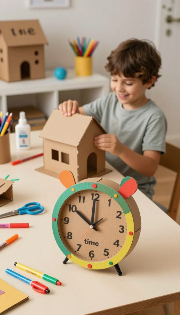 A warm and inviting scene depicting the concept of "time" with a focus on DIY crafting. In the foreground, a handcrafted clock made from cardboard, featuring whimsical designs and vibrant colors that appeal to children. On the worktable, scattered tools like scissors, glue, and markers add to the crafting atmosphere. The middle ground shows a cheerful child in modest casual clothing, actively engaged in working on a cardboard house, with an expression of concentration. In the background, a cozy, well-lit room filled with colorful art supplies and completed cardboard creations from "KlickKiste." Soft, natural lighting bathes the scene in warm tones, creating an authentic and inspiring mood that embodies creativity and the joy of crafting.