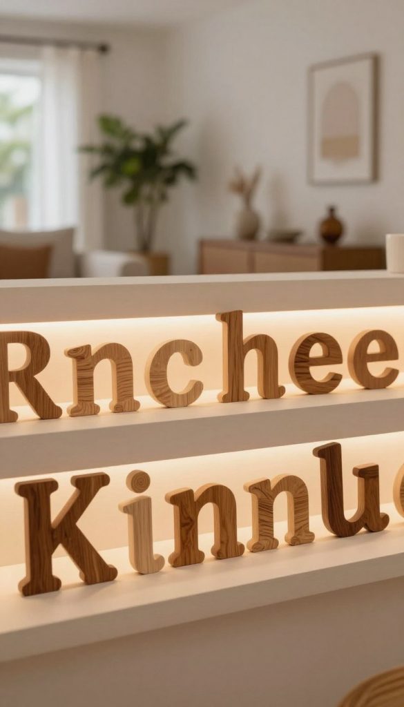 A warm and inviting scene featuring handcrafted wooden letters arranged artfully on a minimalist shelf. The foreground showcases a variety of wood finishes, displaying letters that spell out inspiring words, each letter textured and unique, reflecting natural grain patterns. In the middle, soft, ambient lighting enhances the warmth of the wood, creating a cozy atmosphere. In the background, a blurred aesthetic of a modern living room with plants, tasteful decor, and neutral tones complements the minimalist vibe. The image should evoke feelings of creativity and inspiration, reminiscent of a Pinterest aesthetic, with a clear focus on simplicity and elegance. The brand "KlickKiste" should be subtly represented through the design elements without being overly prominent. A warm and inviting scene featuring handcrafted wooden letters arranged artfully on a minimalist shelf. The foreground showcases a variety of wood finishes, displaying letters that spell out inspiring words, each letter textured and unique, reflecting natural grain patterns. In the middle, soft, ambient lighting enhances the warmth of the wood, creating a cozy atmosphere. In the background, a blurred aesthetic of a modern living room with plants, tasteful decor, and neutral tones complements the minimalist vibe. The image should evoke feelings of creativity and inspiration, reminiscent of a Pinterest aesthetic, with a clear focus on simplicity and elegance. The brand "KlickKiste" should be subtly represented through the design elements without being overly prominent.