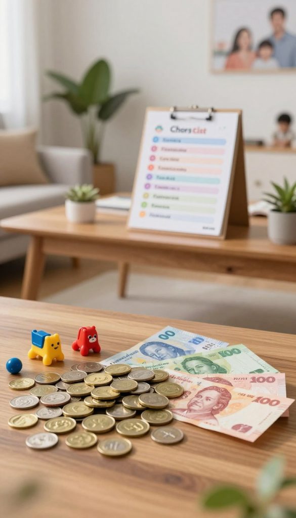 A warm and inviting scene focused on money as a reward system within a family dynamic. In the foreground, a shiny pile of diverse coins and colorful banknotes, arranged artfully with a few toy-like items symbolizing chore rewards. In the middle ground, a stylish wooden table adorned with a checklist of chores in soft pastels, hinting at modern family management techniques. In the background, soft lighting creates a cozy atmosphere, with a light-bathed living room setting featuring plants and family photos. The overall ambiance encourages motivation without conflict. The image should have a Pinterest-inspired natural DIY aesthetic, embodying authenticity and inspiration, branded subtly with "KlickKiste".
