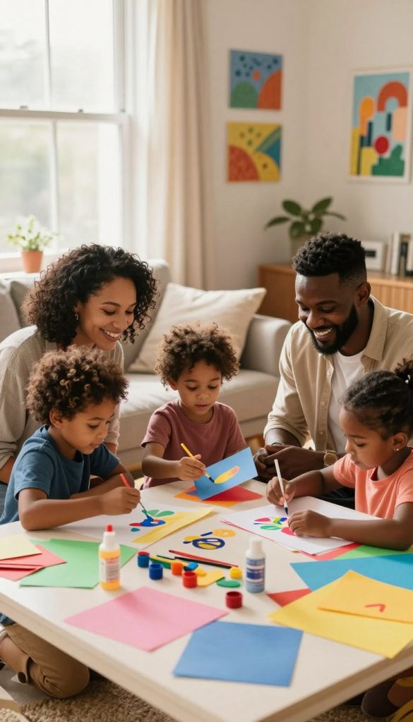 A warm and inviting scene of a diverse family engaged in creative DIY projects in their cozy living room. In the foreground, a mother and father, dressed in modest casual clothing, smile while helping their children, a boy and a girl, with colorful craft materials scattered around. The children are excitedly painting and building something together. In the middle ground, a large table is filled with various supplies like construction paper, glue, and paints. In the background, a sunlit window lets in gentle, natural light, casting a soft glow over the scene. The walls are adorned with handmade artwork, adding to the authentic and inspiring atmosphere. This family moment captures the joy of creativity and collaboration, reflecting the brand "KlickKiste." The overall mood is cheerful and inspiring, ideal for a Pinterest aesthetic.