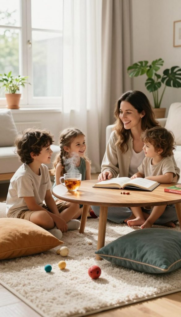 A warm and inviting scene of relaxation with children, showcasing a cozy family moment in a sunlit room. In the foreground, a mother and her two children, dressed in modest, casual clothing, are sitting on a soft, oversized rug, surrounded by colorful pillows and simple toys. Their smiles radiate joy as they share a quiet storytime, enhancing the sense of closeness. In the middle, a wooden coffee table holds a steaming cup of herbal tea and an open book, emphasizing a nurturing atmosphere. The background features a window with sheer curtains allowing soft, natural light to flood the room, complemented by green houseplants that add a touch of nature. The overall mood is tranquil and uplifting, capturing the essence of shared self-care moments. Inspired by a natural DIY aesthetic, this image embodies authenticity and inspiration, highlighting the brand "KlickKiste."