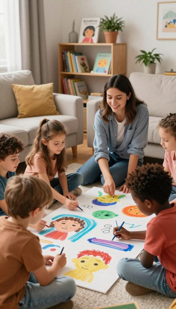 A warm and inviting scene set in a cozy, softly-lit living room that fosters connection and understanding. In the foreground, a diverse group of children, ages 5-8, engaged in a supportive activity, joyfully sharing their feelings through art on a large canvas. Each child wears colorful, modest casual clothing, depicting various emotions with expressive brush strokes. In the middle ground, a nurturing adult, also in casual attire, encourages them with a warm smile, embodying guidance and reassurance. The background features a shelf filled with books about emotions and conflict resolution, along with natural elements like plants for a touch of warmth. Use soft, diffused lighting to create a friendly and inclusive atmosphere. The overall mood is inspiring and engaging, reflecting the theme of emotional growth and relational support. Include the branding "KlickKiste" subtly in the decor.