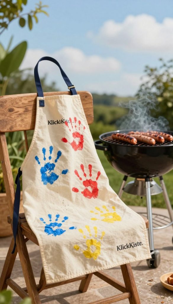 A warm and inviting scene showcasing a handcrafted grill apron decorated with colorful handprints, symbolizing a heartfelt DIY Father's Day gift. In the foreground, the apron hangs on a rustic wooden chair, with vibrant handprints in shades of blue, red, and yellow adorning its fabric. In the middle, a cheerful outdoor setting is visible, complete with a barbecue grill and freshly grilled sausages, surrounded by lush green plants. The background features a bright blue sky and soft, fluffy clouds, radiating a sunny atmosphere. Use natural lighting to highlight the textures of the apron and the grilled food, captured with a shallow depth of field to keep the focus on the apron. The overall vibe is authentic and inspiring, congruent with the brand "KlickKiste."