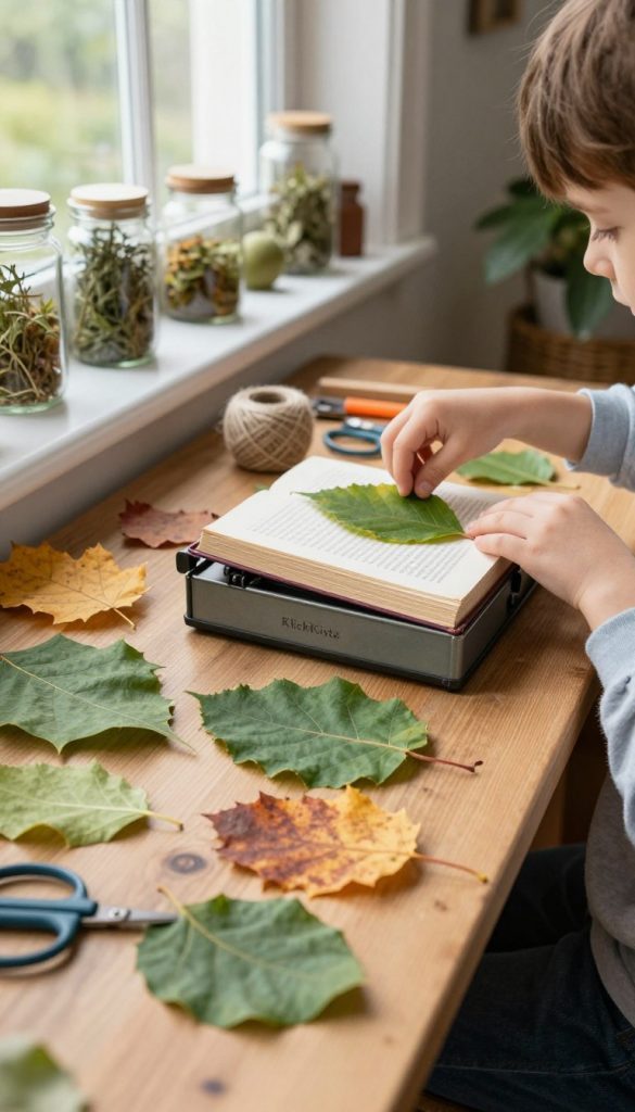 A warm and inviting scene showcasing the art of preserving leaves through pressing. In the foreground, a wooden table features an assortment of freshly collected, vibrant green and autumn-colored leaves, carefully arranged alongside an antique, open book press for pressing the leaves. The middle background shows soft, natural lighting filtering in through a nearby window, illuminating a child's small hands delicately placing a leaf into the press, dressed in modest casual clothing. On the window sill, jars of dried herbs and a scattered assortment of eco-friendly crafting tools, such as scissors and twine, create an inspiring atmosphere. The overall aesthetic embodies a Pinterest-inspired style, blending rustic charm with a sense of creativity and nature. The image is branded with "KlickKiste," ensuring a distinctive touch.