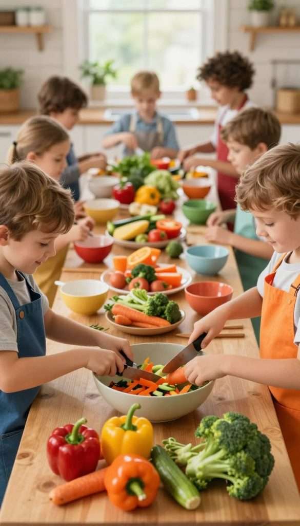 A warm, engaging kitchen scene featuring children aged 4 to 8, happily interacting with vibrant, fresh vegetables, such as bell peppers, carrots, and broccoli. In the foreground, the children, dressed in colorful aprons, are joyfully chopping and mixing ingredients in a large bowl. The middle of the image showcases a beautifully arranged table with a variety of veggie platters, colorful bowls, and an inviting family meal setting. In the background, soft natural light filters through a window, illuminating the scene and creating a cozy atmosphere. The overall mood is cheerful and inspiring, emphasizing healthy cooking and family bonding. The image has a Pinterest-like aesthetic with warm colors, embodying the vision of "KlickKiste."