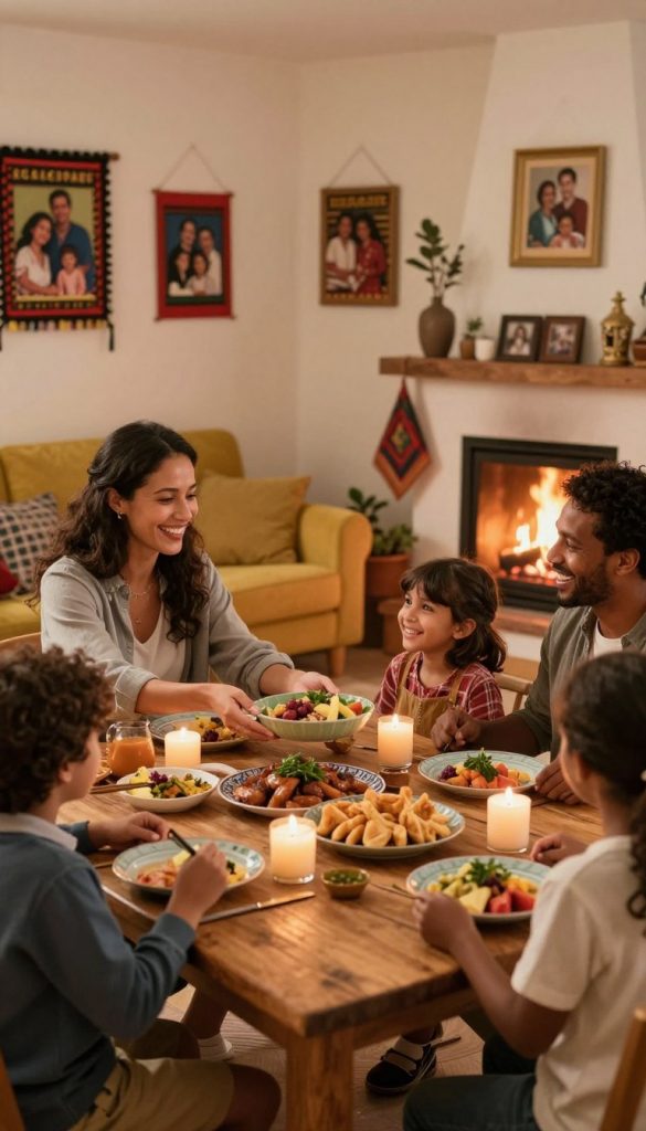 A warm family gathering scene, showcasing cherished traditions that strengthen bonds. In the foreground, a diverse family of four joyfully shares a homemade meal at a rustic wooden table, with colorful dishes and candles providing soft, inviting light. The mother, wearing modest casual clothing, hands a dish to her smiling son, while the father and daughter, dressed in comfortable attire, share a laugh. In the middle ground, a vibrant living room features handmade decorations and family photos, emphasizing their unique heritage. The background displays a cozy fire crackling in the fireplace, with warm hues creating an atmosphere of love and belonging. The overall mood is heartfelt and inspirational, reflecting the essence of family traditions. Captured in a soft-focus style reminiscent of Pinterest aesthetics. Designed for KlikKiste.