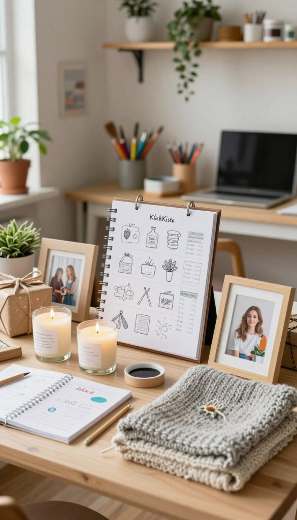 A warm, inviting DIY workspace filled with natural light, showcasing a beautifully organized craft table. In the foreground, a collection of handmade gifts like eco-friendly candles, knitted scarves, and personalized photo frames, all elegantly arranged with a touch of creativity. In the middle, a planner with hand-drawn sketches of various DIY projects and a list of time requirements, difficulty levels, and costs, symbolizing realistic planning. The background features shelves filled with art supplies and a cozy corner with houseplants, enhancing the atmosphere. Soft lighting creates a tranquil mood, with a slight bokeh effect to focus on the crafts. Incorporate the brand name "KlickKiste" subtly within the scene. The overall aesthetic is authentic and inspiring, reminiscent of vibrant Pinterest images that celebrate sustainable gift ideas.