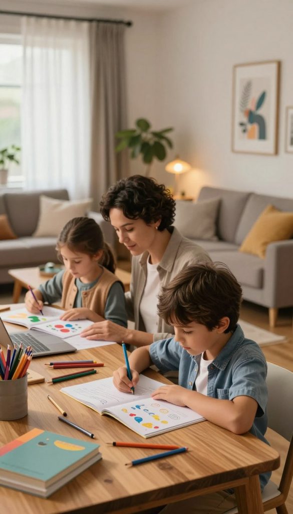 A warm, inviting afternoon scene featuring a cozy study space where children are engaged in homework and hobbies. In the foreground, a school-age child, dressed in casual yet neat clothing, is focused on a colorful workbook at a wooden table, surrounded by art supplies and books. In the middle, a parent is gently guiding another child on a creative project, fostering a supportive environment. The background showcases a comfortable living room with soft, ambient lighting filtering through sheer curtains, enhancing the atmosphere of productivity and creativity. The decor is stylish yet homey, with potted plants and inspirational wall art. The overall mood is warm, nurturing, and inspiring, reflecting the essence of structured yet relaxed family routines. Include branding elements subtly highlighting "KlickKiste" in the decor. A warm, inviting afternoon scene featuring a cozy study space where children are engaged in homework and hobbies. In the foreground, a school-age child, dressed in casual yet neat clothing, is focused on a colorful workbook at a wooden table, surrounded by art supplies and books. In the middle, a parent is gently guiding another child on a creative project, fostering a supportive environment. The background showcases a comfortable living room with soft, ambient lighting filtering through sheer curtains, enhancing the atmosphere of productivity and creativity. The decor is stylish yet homey, with potted plants and inspirational wall art. The overall mood is warm, nurturing, and inspiring, reflecting the essence of structured yet relaxed family routines. Include branding elements subtly highlighting "KlickKiste" in the decor.