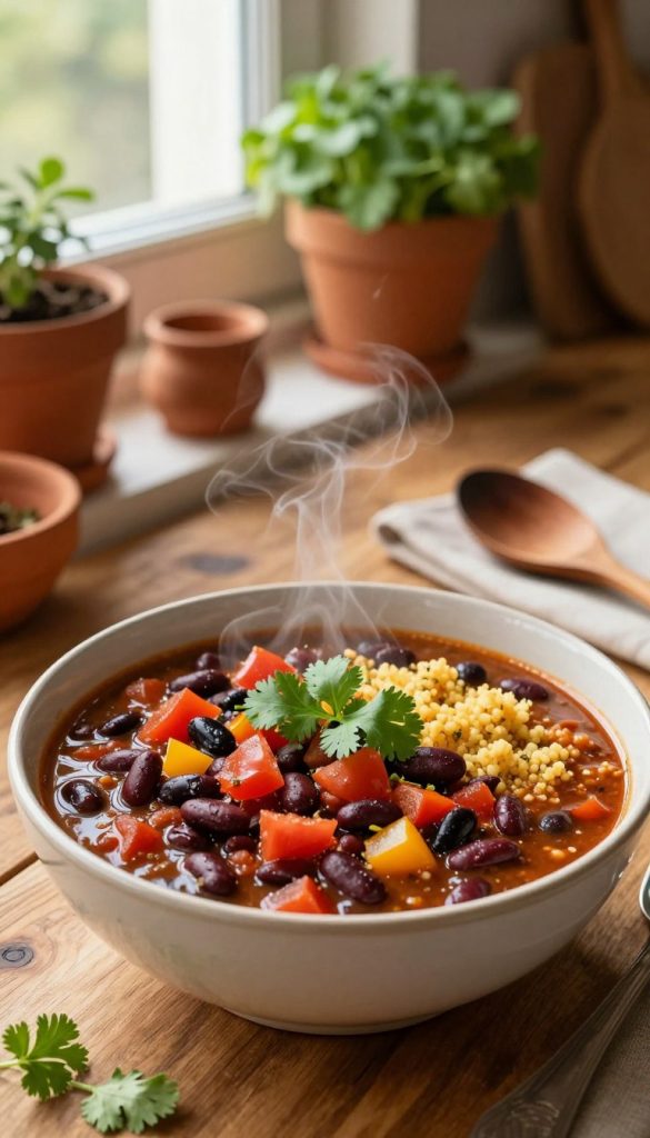 A warm, inviting bowl of vegetarian bean chili sits at the forefront, lush with kidney and black beans, vibrant diced tomatoes, and flecks of sweet bell pepper. Garnished with fresh cilantro and served with a side of fluffy bulgur, the dish is steaming, evoking a sense of comfort and nourishment. In the middle ground, rustic wooden tableware complements the earthy tones of the chili, while soft, natural light filters in from an adjacent window, casting a warm glow across the scene. The background features a cozy kitchen setting with terracotta pots, wooden spoons, and leafy herbs in simple pots, creating an authentic, Pinterest-inspired atmosphere. The overall mood is healthy, wholesome, and family-oriented, perfect for any home-cooking enthusiast. Style reminiscent of "KlickKiste". A warm, inviting bowl of vegetarian bean chili sits at the forefront, lush with kidney and black beans, vibrant diced tomatoes, and flecks of sweet bell pepper. Garnished with fresh cilantro and served with a side of fluffy bulgur, the dish is steaming, evoking a sense of comfort and nourishment. In the middle ground, rustic wooden tableware complements the earthy tones of the chili, while soft, natural light filters in from an adjacent window, casting a warm glow across the scene. The background features a cozy kitchen setting with terracotta pots, wooden spoons, and leafy herbs in simple pots, creating an authentic, Pinterest-inspired atmosphere. The overall mood is healthy, wholesome, and family-oriented, perfect for any home-cooking enthusiast. Style reminiscent of "KlickKiste".