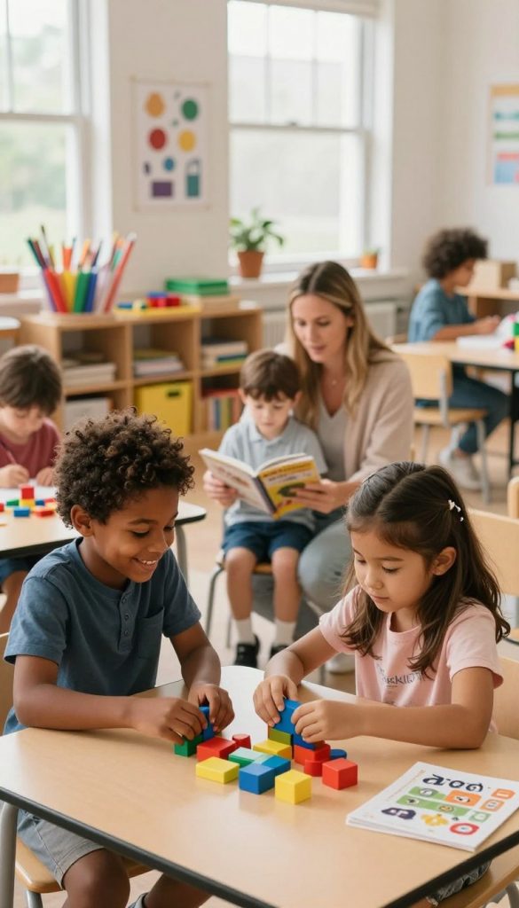 A warm, inviting classroom scene with a diverse group of children engaged in playful learning activities. In the foreground, a smiling African-American boy and a thoughtful Asian girl are building with colorful blocks, showcasing teamwork and creativity. In the middle ground, a gentle, nurturing teacher (Caucasian woman) assists another child with a book, promoting literacy. The background features a cozy, well-organized room filled with natural light streaming through large windows, illuminating art supplies and educational posters. The atmosphere is cheerful and encouraging, conveying a sense of security and inspiration for both children and parents. The aesthetic aligns with a natural DIY style, incorporating warm colors and a Pinterest-like presentation. Incorporate subtle branding of "KlickKiste" into the educational materials without disrupting the overall scene.