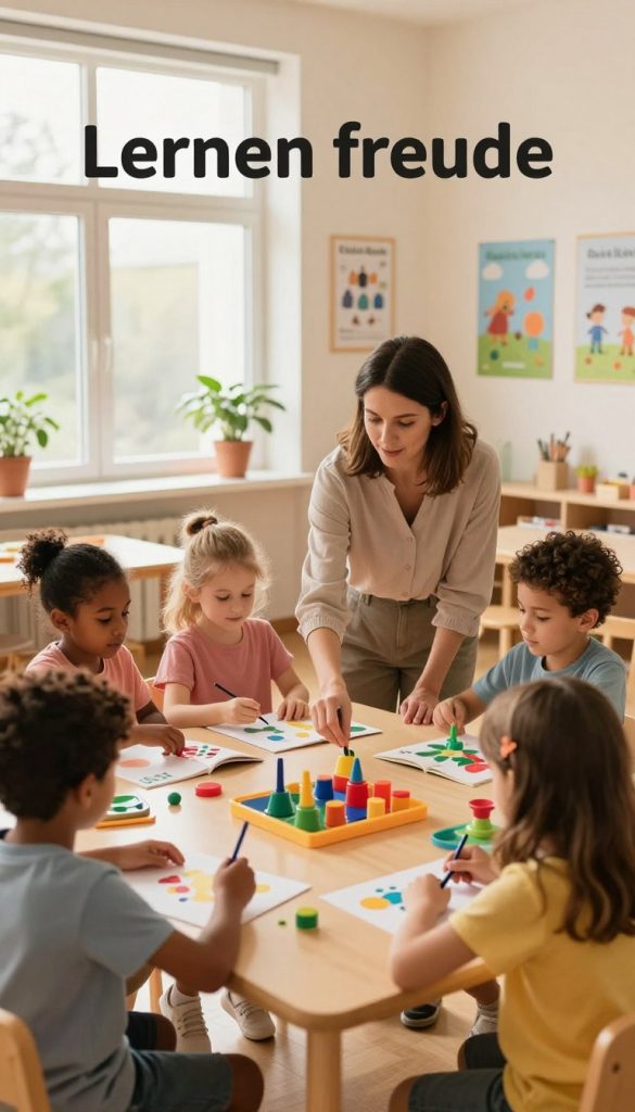 A warm, inviting classroom setting where children engage in hands-on learning activities, reflecting the concept of "Lernen freude." In the foreground, a group of diverse children of various backgrounds, aged 6-8, are happily collaborating at a table filled with colorful educational materials like books, art supplies, and science kits. In the middle, a supportive teacher, dressed in modest casual attire, guides the children while encouraging their creativity and exploration. The background features a bright, sunlit room with large windows, plants, and educational posters on the walls to create an inspiring atmosphere. Soft, warm lighting enhances the cozy, inviting mood, and the overall composition evokes a sense of joy, curiosity, and collaboration, emphasizing the strengths-oriented approach to education. Incorporate the brand name "KlickKiste" subtly in the design elements.