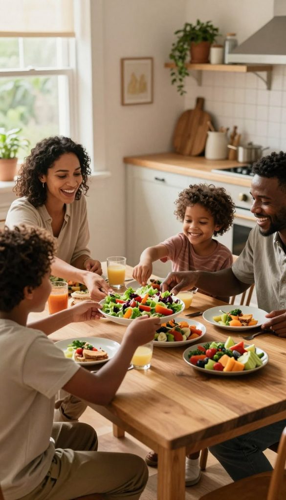 A warm, inviting dining scene featuring a diverse family of four gathered around a wooden dining table, enjoying a simple, colorful lunch. In the foreground, a mother and father, dressed in modest casual clothing, are serving platters of fresh, vibrant food such as salads, sandwiches, and fruit. The children, a boy and a girl, are joyfully reaching for their favorite dishes, their expressions filled with delight and laughter. The background showcases a cozy kitchen with soft, natural lighting streaming in from a nearby window, highlighting decorative plants and rustic kitchenware. The atmosphere is filled with warmth and familial love, embodying an inspiring DIY aesthetic with warm colors and a Pinterest-worthy look. This image reflects the essence of uncomplicated meals that everyone can enjoy together, perfect for a family-oriented theme. Brand name: KlickKiste.