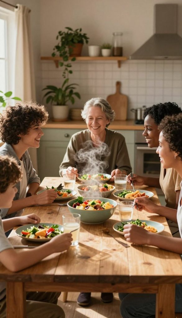 A warm, inviting family dining scene showcasing a diverse group of four people gathered around a rustic wooden table for a shared meal. In the foreground, a beautifully set table displays colorful dishes, steaming food, and vibrant salads, evoking a sense of togetherness. The family members, dressed in modest casual clothing, are engaged in joyful conversation, with smiles and laughter illuminating their faces. In the middle ground, soft, natural lighting casts gentle shadows, enhancing the cozy atmosphere. The background features a warmly decorated kitchen with houseplants and soft, ambient lighting, contributing to a homely feel. The overall mood is authentic and inspiring, ideal for illustrating family harmony in daily shared meals, with a Pinterest aesthetic. Crafted for "KlickKiste".