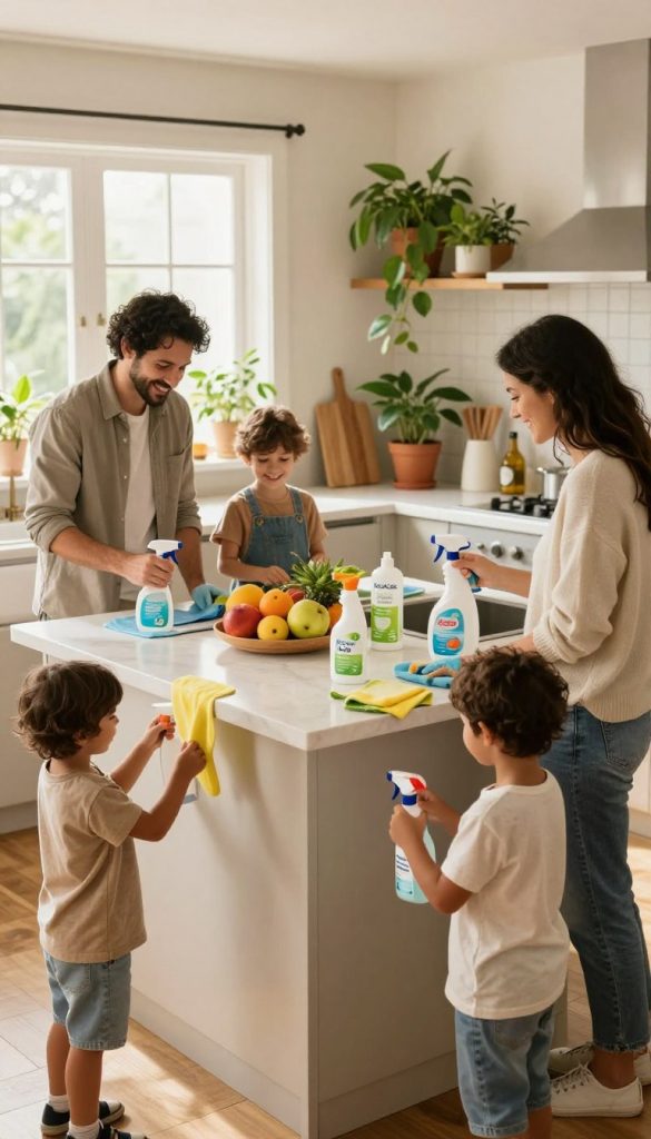 A warm, inviting family kitchen scene that embodies hygiene in the household. In the foreground, a cheerful family of four—parents in casual, neat clothing and two children—are engaged in cleaning an area of the kitchen together, using eco-friendly cleaning supplies. The middle ground showcases a tidy kitchen island displaying fresh fruits, a cutting board, and natural cleaning products from the brand "KlickKiste." The background features soft, natural lighting streaming through a window, illuminating the organized, spotless kitchen, complete with vibrant houseplants. The atmosphere conveys a sense of teamwork, cleanliness, and the joy of maintaining a hygienic home, all in a Pinterest-inspired aesthetic with warm colors that evoke comfort and inspiration.