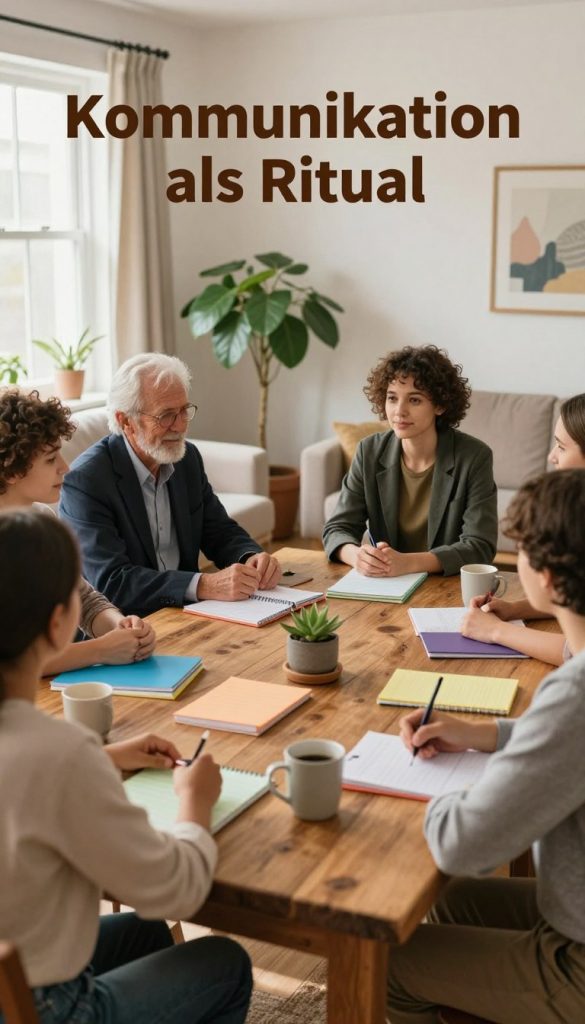 A warm, inviting family meeting scene reflecting "Kommunikation als Ritual" with a family council atmosphere. In the foreground, a diverse group of five family members of varying ages, dressed in professional business attire and modest casual clothing, gathered around a rustic wooden table cluttered with colorful notepads, a planner, and coffee mugs. In the middle, a cozy living room setting featuring soft seating and a vibrant indoor plant, symbolizing growth and respect. The background shows a window with soft natural light streaming in, adding a gentle glow to the space. The mood is calm and collaborative, encouraging open dialogue and appreciation among family members. The image embodies a natural DIY aesthetic with warm colors, inspired by Pinterest, reflecting authenticity and inspiration. "KlickKiste" branding subtly integrated into the scene.