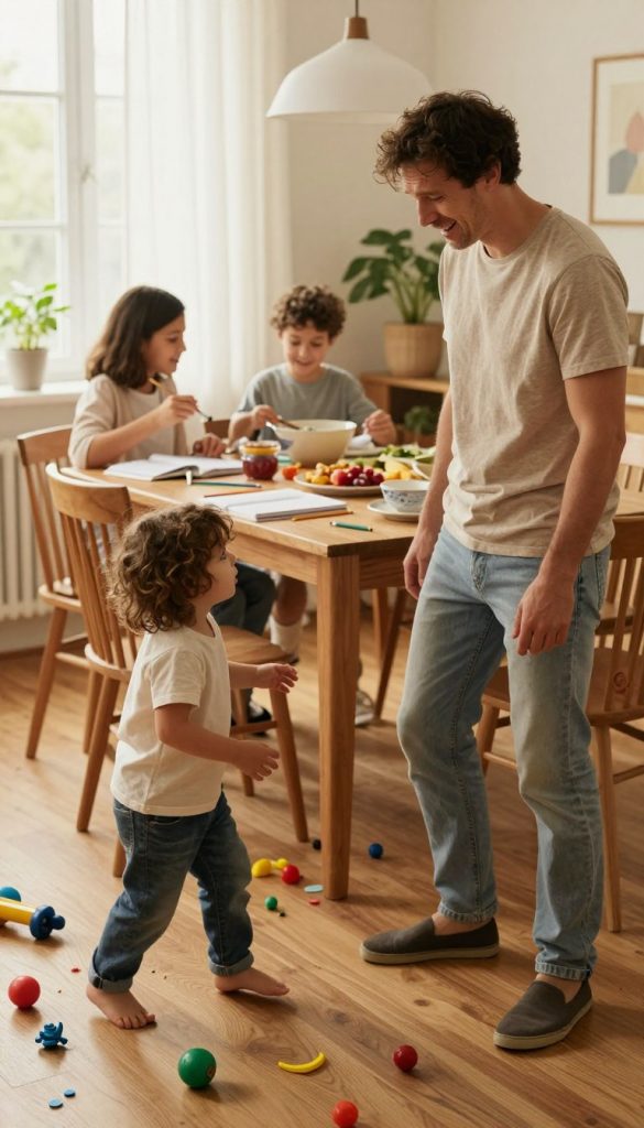 A warm, inviting family scene capturing common stress moments between parents and children. In the foreground, a parent and child are engaged in a playful but chaotic moment, with toys scattered around and the parent wearing modest casual clothing, looking slightly overwhelmed but smiling. In the middle, a dining table is cluttered with schoolwork and dinner preparations, showcasing the hustle of family life. In the background, soft natural light filters through a window, creating a cozy atmosphere with warm colors. A peaceful plant corner adds a touch of calmness to the environment. This image embodies authentic family dynamics, inspired by the warm aesthetics of DIY decor and the brand "KlickKiste".