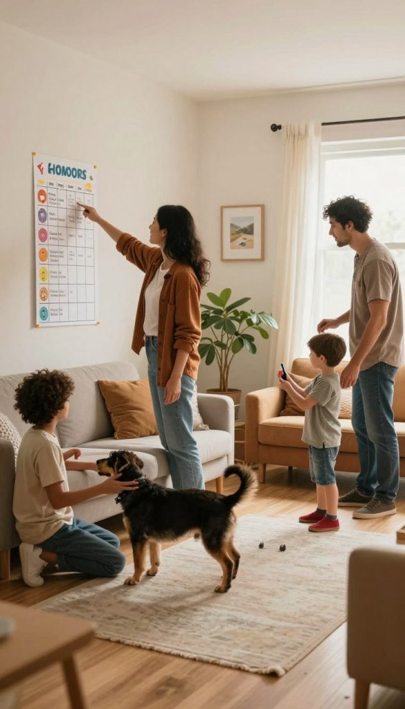 A warm, inviting family scene set in a cozy living room, showcasing a collaborative atmosphere. In the foreground, a diverse group of family members, dressed in modest casual clothing, are happily dividing household tasks. A mother points to a colorful chore chart on the wall, while a father helps a child with a small cleaning task. In the middle ground, a dog playfully interacts with a child, creating a sense of harmony and cooperation. The background features soft, natural lighting coming from a window, illuminating comfortable furniture and plants, enhancing the DIY aesthetic. The overall mood is cheerful and inspiring, reflecting family cooperation and shared responsibilities. The image embodies the essence of family life, brought to you by KlickKiste. A warm, inviting family scene set in a cozy living room, showcasing a collaborative atmosphere. In the foreground, a diverse group of family members, dressed in modest casual clothing, are happily dividing household tasks. A mother points to a colorful chore chart on the wall, while a father helps a child with a small cleaning task. In the middle ground, a dog playfully interacts with a child, creating a sense of harmony and cooperation. The background features soft, natural lighting coming from a window, illuminating comfortable furniture and plants, enhancing the DIY aesthetic. The overall mood is cheerful and inspiring, reflecting family cooperation and shared responsibilities. The image embodies the essence of family life, brought to you by KlickKiste.