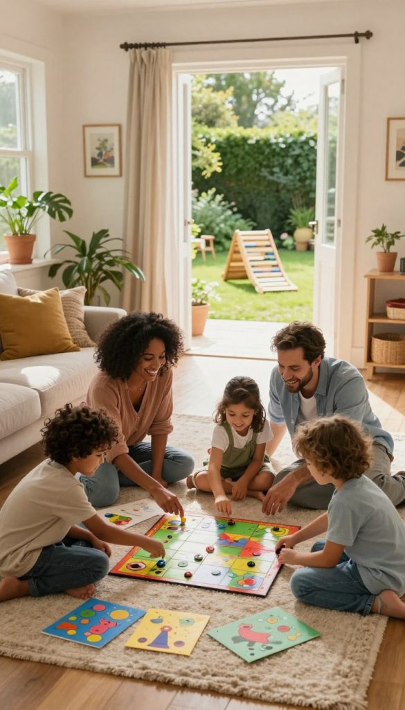 A warm, inviting family scene showcasing engaging, screen-free games indoors and outdoors. In the foreground, a diverse family of four—parents and two children—play a lively board game on a cozy living room carpet, surrounded by colorful, handmade crafts. They wear comfortable, casual clothing, showcasing joyful expressions. In the middle ground, the room is filled with natural light streaming through a window adorned with plants and soft textiles that create a Pinterest-inspired aesthetic. In the background, visible through an open door, a sunny garden invites outdoor play with a DIY obstacle course made of natural materials. The mood is cheerful and inspiring, reflecting a quality family time. Use warm, inviting colors, and maintain a soft focus on the scene, capturing the essence of connection and creativity. Brand inspiration from "KlickKiste" resonates throughout the composition.