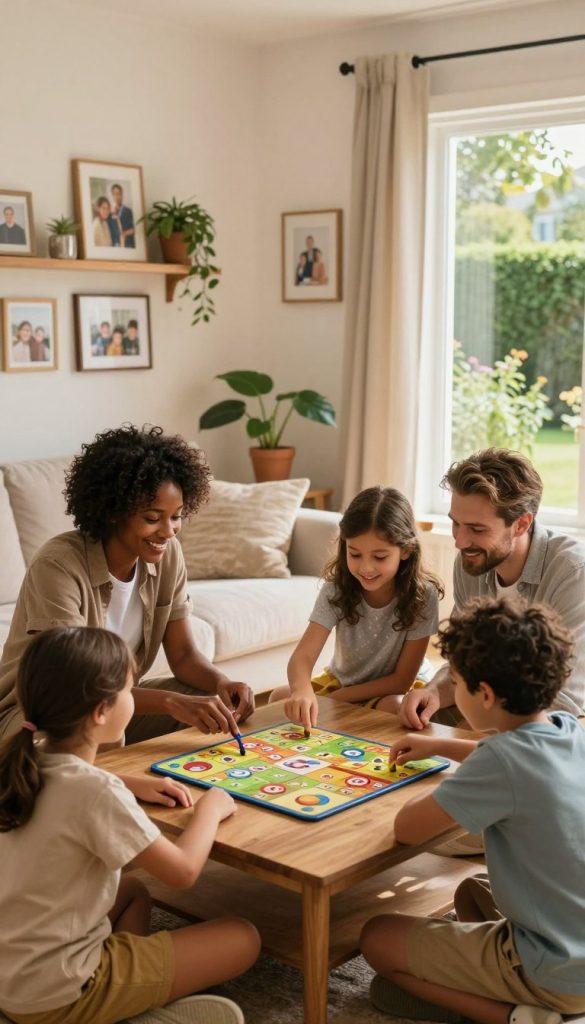 A warm, inviting family scene that captures quality time together in a cozy home environment. In the foreground, a diverse family—parents and two children—are engaged in a fun board game on a wooden coffee table, each dressed in modest casual clothing. The middle ground features a beautifully decorated living room with soft lighting, showcasing family photos and houseplants, creating a nurturing atmosphere. In the background, a window reveals a sunlit garden, enhancing the overall warmth of the scene. The mood should feel joyful and relaxed, reflecting a sense of togetherness and intimacy, embodying rituals that ground family bonding in everyday life. The image reflects the natural DIY aesthetic with warm colors and a Pinterest-inspired look. Brand name "KlickKiste" subtly integrated into the scene.