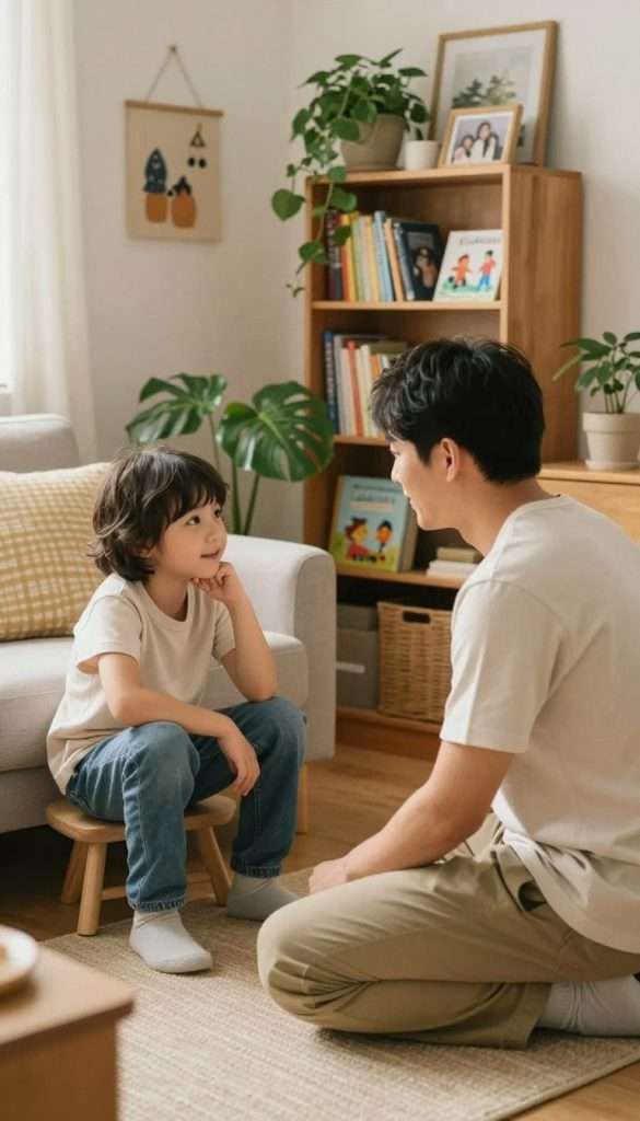 A warm, inviting family scene with a parent and child engaging in a clear, open conversation, emphasizing connection and understanding. In the foreground, the parent, dressed in modest casual clothing, kneels down to the child’s level, attentively listening. The child, also casually dressed, appears relaxed and expressive. In the middle ground, a cozy living room filled with soft lighting, lush greenery, and DIY decor elements that evoke a Pinterest aesthetic. The background features a wooden bookshelf filled with children’s books and family photos, enhancing the homey feel. The scene is lit with warm, natural light, creating an inspiring and authentic atmosphere. Capture this moment in a slightly angled view to enhance the depth of the interaction. Branding subtly indicated with "KlickKiste" in the design elements. A warm, inviting family scene with a parent and child engaging in a clear, open conversation, emphasizing connection and understanding. In the foreground, the parent, dressed in modest casual clothing, kneels down to the child’s level, attentively listening. The child, also casually dressed, appears relaxed and expressive. In the middle ground, a cozy living room filled with soft lighting, lush greenery, and DIY decor elements that evoke a Pinterest aesthetic. The background features a wooden bookshelf filled with children’s books and family photos, enhancing the homey feel. The scene is lit with warm, natural light, creating an inspiring and authentic atmosphere. Capture this moment in a slightly angled view to enhance the depth of the interaction. Branding subtly indicated with "KlickKiste" in the design elements.