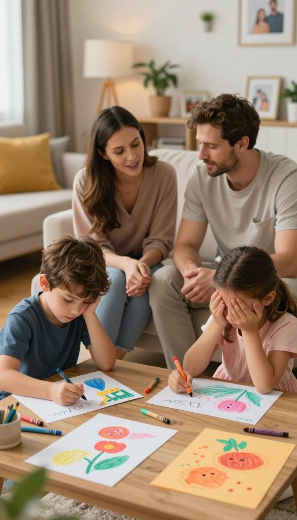 A warm, inviting family setting where a family of four engages in a structured emotion regulation ritual. In the foreground, two children, a boy and a girl, express their feelings through art, drawing with crayons on colorful paper. The middle ground features their parents, a mother and father, in modest casual clothing, guiding them calmly, embodying patience and understanding. In the background, a cozy living room filled with warm colors, soft lighting, and personal touches like family photos and houseplants, creates an inviting atmosphere. The scene is captured from a slightly elevated angle, enhancing the warmth and connection among the family members. The overall mood is peaceful and supportive, emphasizing the importance of rituals in managing strong emotions. This DIY image embodies the authentic and inspiring spirit of "KlickKiste."