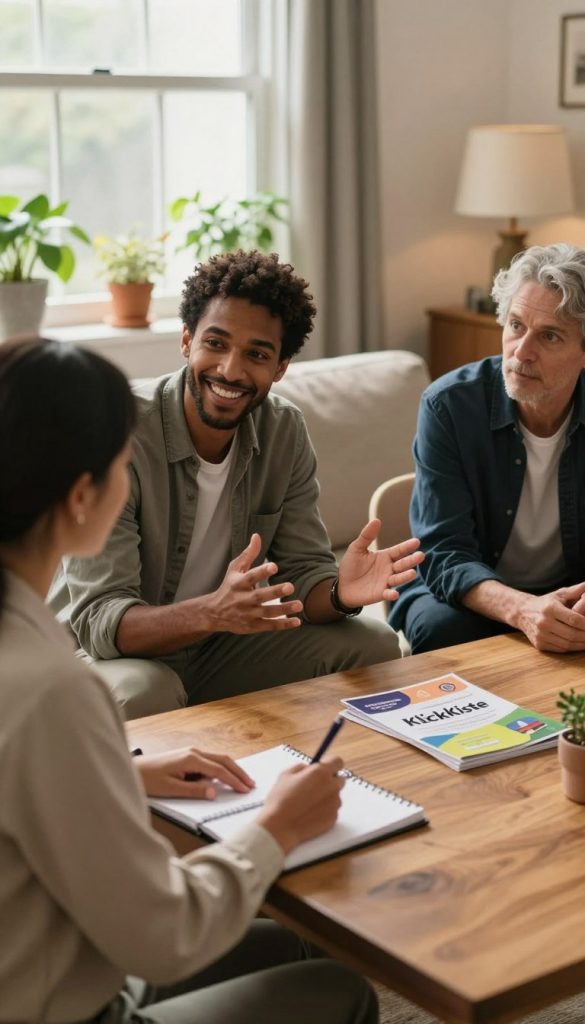 A warm, inviting image depicting a diverse group of three adults in a cozy living room, engaged in a collaborative discussion about organizing support within their community. The foreground features a well-dressed woman in professional attire jotting down notes on a notepad while seated at a wooden table. In the middle ground, a friendly man in casual clothing gestures animatedly, while a third adult, in smart attire, leans in with a look of interest. Soft, natural light filters through a window, casting a gentle glow that enhances the cozy atmosphere. Lush indoor plants line the windowsill, and a colorful "KlickKiste" brochure rests on the table, suggesting community resources. The background shows a warm, inviting home setting, evoking a sense of community and togetherness, suitable for the theme of seeking help and organizing support networks.
