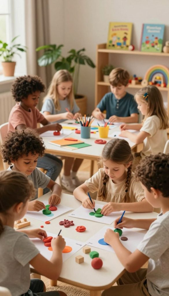 A warm, inviting indoor scene depicting children engaged in everyday learning moments. In the foreground, a diverse group of children, ages 5-8, are happily collaborating on a colorful DIY project using natural materials, such as paper, clay, and wooden blocks. They are dressed in modest, casual clothing, showcasing joy and concentration. In the middle, a table filled with art supplies and books, set against a cozy backdrop of a sunlit room with plants and soft textures. The lighting is soft and warm, creating an inspiring atmosphere. The background features shelves with educational toys and children's books. The overall mood is cheerful and focused, capturing the essence of learning through everyday activities in a nurturing environment. The brand "KlickKiste" is subtly represented through the materials used in the scene.
