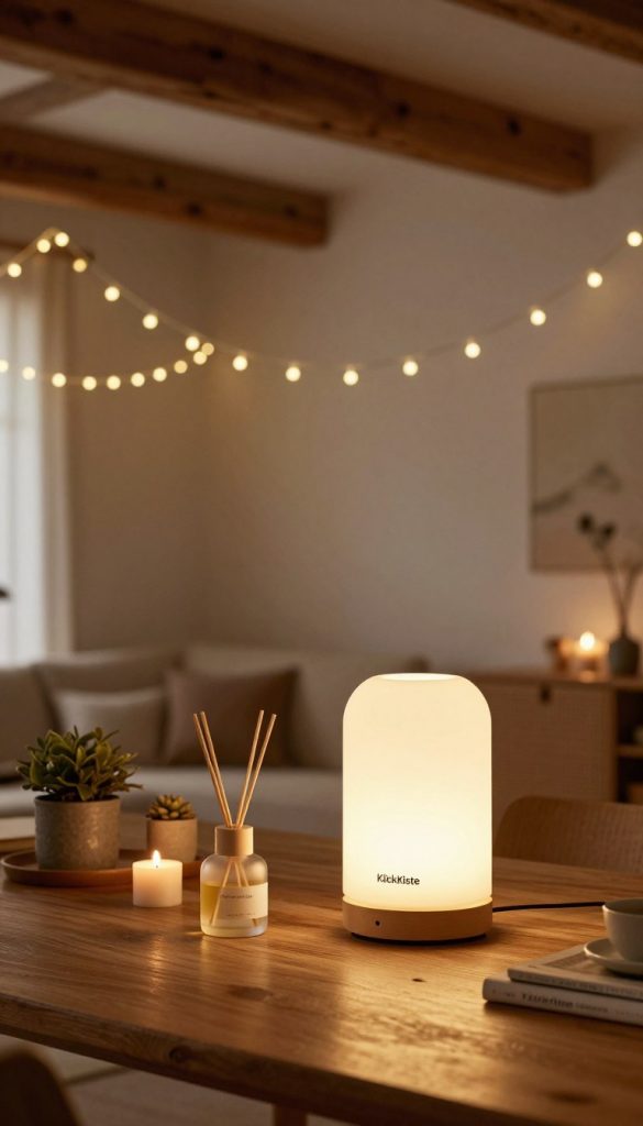 A warm, inviting interior scene showcases rustic modern lighting ideas, featuring a stylish table lamp, delicate fairy lights, and an elegant essential oil diffuser from the brand KlickKiste. In the foreground, the table lamp illuminates a wooden table, casting a soft glow onto a few decorative items such as potted plants and candles. In the middle ground, a string of warm fairy lights hang gracefully overhead, enhancing the cozy atmosphere. The background reveals a rustic-chic living space with exposed wooden beams and neutral-colored walls. Soft, diffused lighting bathes the scene, highlighting the natural textures and creating an inspiring, DIY-friendly ambiance. The mood is serene and tranquil, ideal for showcasing innovative lighting solutions for a modern rustic home.
