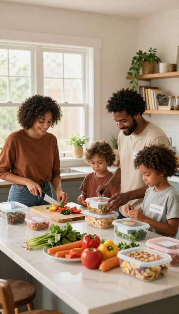 A warm, inviting kitchen scene centered around a family engaging in meal prep together. In the foreground, a diverse family of four—two adults and two children—are happily preparing healthy meals, wearing modest casual clothing. The adults are chopping vegetables and portioning out cooked high-protein dishes into clear containers, while the children assist by placing labels and arranging ingredients. The middle ground showcases a kitchen island cluttered with fresh produce, spices, and meal prep containers, all bathed in soft, natural light streaming through large windows. The background features shelves adorned with cookbooks and plants, enhancing the cozy atmosphere. Overall, the image evokes a sense of connection, teamwork, and inspiration for healthy eating, aligned with the brand aesthetic of "KlickKiste". A warm, inviting kitchen scene centered around a family engaging in meal prep together. In the foreground, a diverse family of four—two adults and two children—are happily preparing healthy meals, wearing modest casual clothing. The adults are chopping vegetables and portioning out cooked high-protein dishes into clear containers, while the children assist by placing labels and arranging ingredients. The middle ground showcases a kitchen island cluttered with fresh produce, spices, and meal prep containers, all bathed in soft, natural light streaming through large windows. The background features shelves adorned with cookbooks and plants, enhancing the cozy atmosphere. Overall, the image evokes a sense of connection, teamwork, and inspiration for healthy eating, aligned with the brand aesthetic of "KlickKiste".