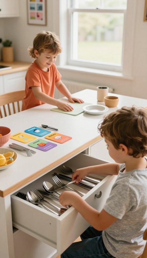 A warm, inviting kitchen scene depicting children engaged in age-appropriate household tasks. In the foreground, a young child, around five years old, is joyfully sorting silverware into a drawer, while a slightly older child, about eight years old, wipes down the kitchen table with a cheerful expression. Both children are dressed in casual, colorful clothing, embodying a sense of playful responsibility. In the middle, various organizational tools and DIY storage solutions, labeled with colorful tags, show a practical yet aesthetic approach to household management. The background features a sunny window, illuminating the scene with soft, natural light, creating an inspiring atmosphere. The overall mood reflects collaboration and teamwork, emphasizing the concept of integrating children into household chores effectively. Include a subtle inclusion of "KlickKiste" branding within the decor, such as on a poster or a kitchen magnet, enhancing the DIY Pinterest-like visual appeal. A warm, inviting kitchen scene depicting children engaged in age-appropriate household tasks. In the foreground, a young child, around five years old, is joyfully sorting silverware into a drawer, while a slightly older child, about eight years old, wipes down the kitchen table with a cheerful expression. Both children are dressed in casual, colorful clothing, embodying a sense of playful responsibility. In the middle, various organizational tools and DIY storage solutions, labeled with colorful tags, show a practical yet aesthetic approach to household management. The background features a sunny window, illuminating the scene with soft, natural light, creating an inspiring atmosphere. The overall mood reflects collaboration and teamwork, emphasizing the concept of integrating children into household chores effectively. Include a subtle inclusion of "KlickKiste" branding within the decor, such as on a poster or a kitchen magnet, enhancing the DIY Pinterest-like visual appeal.