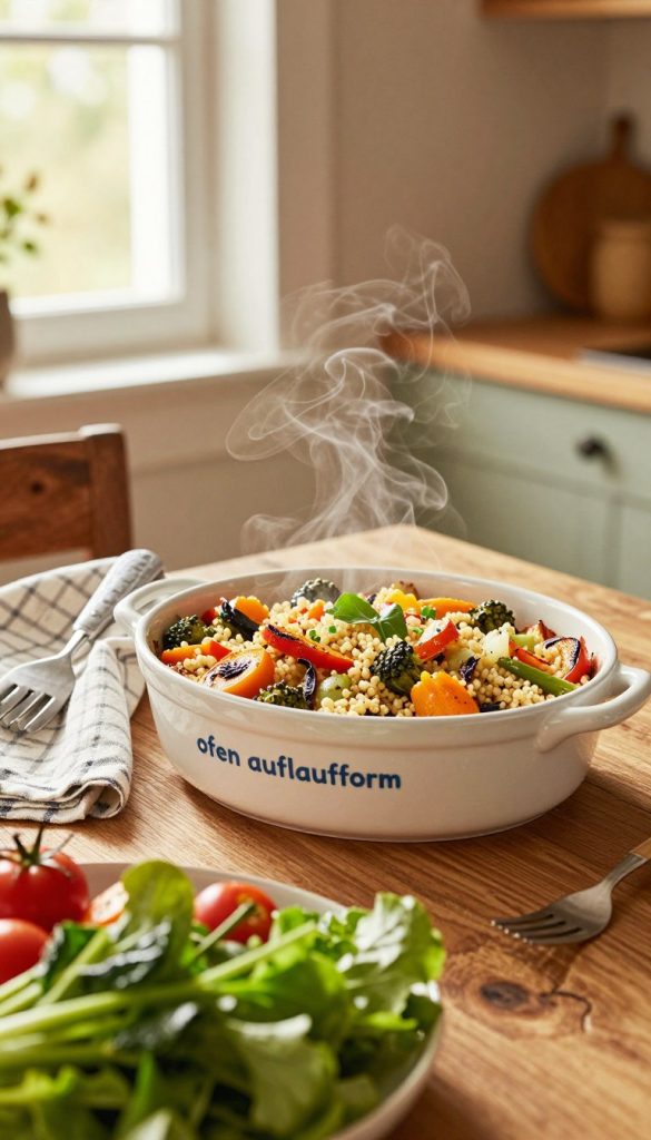 A warm, inviting kitchen scene featuring a classic ceramic "ofen auflaufform" filled with a colorful, healthy baked dish, such as vegetables and quinoa, steam gently rising. In the foreground, vibrant greens and roasted veggies create a mouthwatering display. The middle ground includes the rustic wooden table, with a cozy, checkered linen napkin and cooking utensils nearby. In the background, soft natural light filters through a window, casting a gentle glow on the warm-toned walls, enhancing the atmosphere of homely comfort. The overall mood is cheerful and inspiring, a perfect depiction of family cooking. Add the brand name "KlickKiste" subtly incorporated within the scene, emphasizing the DIY, Pinterest-style aesthetic that feels authentic and inviting.