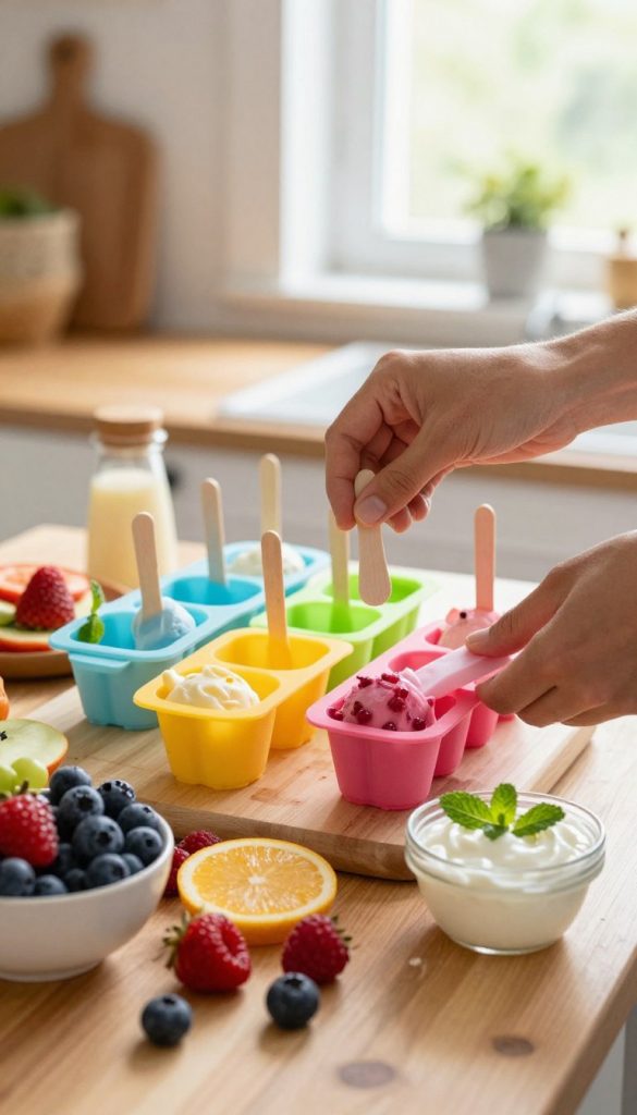 A warm, inviting kitchen scene featuring natural materials, where a pair of hands gently removes homemade ice pops from colorful silicone molds. In the foreground, a vibrant array of fresh fruits and ingredients like berries, yogurt, and mint set the mood for healthy ice cream creations. The middle ground captures the playful molds in bright hues, showcasing various fun shapes. In the background, soft, diffused natural light filters through a window, enhancing the cozy atmosphere. The overall composition should evoke inspiration and creativity, with a Pinterest-worthy aesthetic. Include subtle branding elements of "KlickKiste" artfully integrated, reflecting a DIY spirit that feels both authentic and engaging. A warm, inviting kitchen scene featuring natural materials, where a pair of hands gently removes homemade ice pops from colorful silicone molds. In the foreground, a vibrant array of fresh fruits and ingredients like berries, yogurt, and mint set the mood for healthy ice cream creations. The middle ground captures the playful molds in bright hues, showcasing various fun shapes. In the background, soft, diffused natural light filters through a window, enhancing the cozy atmosphere. The overall composition should evoke inspiration and creativity, with a Pinterest-worthy aesthetic. Include subtle branding elements of "KlickKiste" artfully integrated, reflecting a DIY spirit that feels both authentic and engaging.