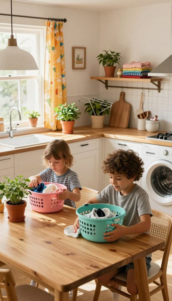 A warm, inviting kitchen scene featuring two school-aged children engaged in household chores. In the foreground, one child is wiping down the kitchen table, while the other sorts laundry into colorful baskets. The middle ground showcases the bright, well-organized kitchen with wooden countertops, potted herbs, and sunlight streaming in through a window adorned with cheerful curtains. In the background, a laundry area is visible with neatly folded clothes and a drying rack. The atmosphere is dynamic yet harmonious, emphasizing teamwork and routine. The scene embodies a natural DIY aesthetic with warm colors and a Pinterest-inspired look. Include elements that reflect the brand "KlickKiste", enhancing the theme of family organization and cooperation.