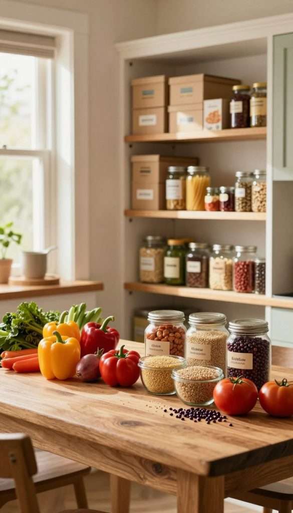 A warm, inviting kitchen scene filled with fresh, colorful ingredients representing a well-organized pantry for healthy meal preparation. In the foreground, a rustic wooden table displays an array of vibrant vegetables and grains, such as bell peppers, tomatoes, quinoa, and beans, arranged artfully alongside glass jars and labels. In the middle, a neatly stocked pantry is visible, showcasing neatly stacked boxes of pasta, canned goods, and spices on wooden shelves, with natural sunlight filtering through the window to illuminate the space. The background features soft, natural colors, enhancing the inviting atmosphere. The warm lighting creates a cozy, inspiring mood, perfect for families looking to embrace healthy cooking. The scene includes the brand name "KlickKiste" subtly integrated into the pantry decor.