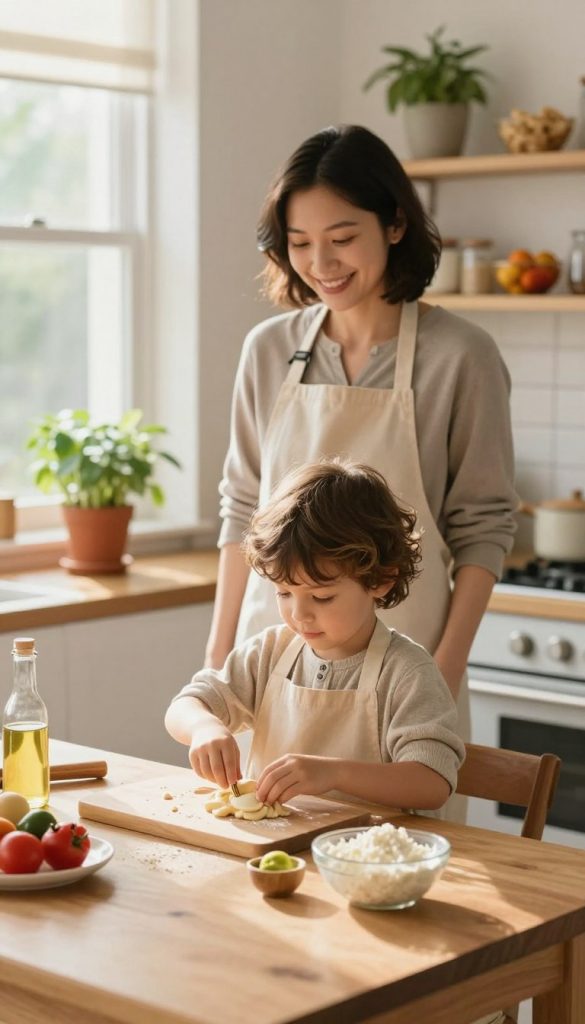 A warm, inviting kitchen scene filled with natural light, showcasing a cozy, DIY atmosphere. In the foreground, a young child, dressed in comfortable, modest clothing, is sorting out ingredients for baking on a wooden table, embodying independence. In the middle ground, a parent observes with a supportive smile, standing back to allow the child space to experiment. The background features potted herbs and colorful snacks on shelves, adding a homely touch. Soft sunlight filters through a window, creating a serene ambiance that inspires creativity and autonomy. This image reflects the theme of nurturing independence and the importance of allowing children to learn and make mistakes. The overall mood is cheerful and encouraging, capturing a harmonious family dynamic. The brand name "KlickKiste" is subtly integrated into the scene, perhaps on a shelf or as part of an apron.