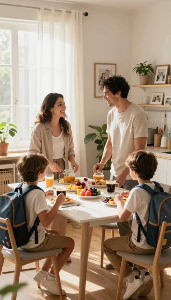 A warm, inviting kitchen scene in the morning, illuminated by soft, natural sunlight filtering through sheer curtains. In the foreground, a family of four (parents and two children) engages in a joyful morning routine: the mother prepares a healthy breakfast, while the father assists the kids with their school bags, all dressed in modest, casual clothing. In the middle, a beautifully organized dining table displays colorful, nutritious breakfast items and freshly brewed coffee. In the background, an inviting living room features family photographs and plants, enhancing the cozy atmosphere. The overall mood is harmonious and stress-free, inspiring a sense of balance and warmth. The image embodies authenticity, showcasing an ideal morning routine that contributes to a less chaotic family life. Include branding elements subtly associated with "KlickKiste." A warm, inviting kitchen scene in the morning, illuminated by soft, natural sunlight filtering through sheer curtains. In the foreground, a family of four (parents and two children) engages in a joyful morning routine: the mother prepares a healthy breakfast, while the father assists the kids with their school bags, all dressed in modest, casual clothing. In the middle, a beautifully organized dining table displays colorful, nutritious breakfast items and freshly brewed coffee. In the background, an inviting living room features family photographs and plants, enhancing the cozy atmosphere. The overall mood is harmonious and stress-free, inspiring a sense of balance and warmth. The image embodies authenticity, showcasing an ideal morning routine that contributes to a less chaotic family life. Include branding elements subtly associated with "KlickKiste."