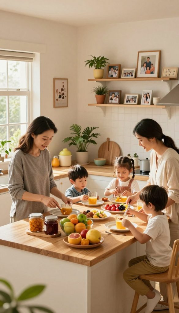 A warm, inviting kitchen scene showcasing a family of four engaged in their daily routines. In the foreground, a mother and father, dressed in modest casual clothing, work together to prepare breakfast, surrounded by fresh fruits and homemade preserves on a wooden countertop. The children, a young boy and girl, are joyfully setting the table, adding a playful touch to the atmosphere. In the middle, colorful kitchen decor and plants create a cozy vibe, while sunlight streams in through a window, casting soft shadows. In the background, shelves stocked with family photographs and DIY crafts hint at a structured yet harmonious home life. The overall lighting is warm and inviting, evoking a sense of comfort and togetherness. This scene embodies the essence of "KlickKiste," offering inspiration for fresh family routines in 2026. A warm, inviting kitchen scene showcasing a family of four engaged in their daily routines. In the foreground, a mother and father, dressed in modest casual clothing, work together to prepare breakfast, surrounded by fresh fruits and homemade preserves on a wooden countertop. The children, a young boy and girl, are joyfully setting the table, adding a playful touch to the atmosphere. In the middle, colorful kitchen decor and plants create a cozy vibe, while sunlight streams in through a window, casting soft shadows. In the background, shelves stocked with family photographs and DIY crafts hint at a structured yet harmonious home life. The overall lighting is warm and inviting, evoking a sense of comfort and togetherness. This scene embodies the essence of "KlickKiste," offering inspiration for fresh family routines in 2026.