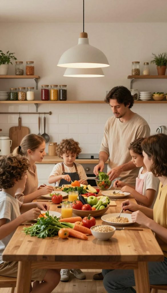 A warm, inviting kitchen scene, showcasing a family preparing dinner together. In the foreground, a wooden dining table is set with colorful, fresh ingredients like vegetables, herbs, and grains, suggesting a planned meal. Family members, dressed in casual, modest attire, engage in light conversation, creating a sense of togetherness. The middle ground features a cozy kitchen with shelves filled with jars of spices and home-cooked essentials, emphasizing organization and efficiency. In the background, soft, warm lighting from pendant lamps casts a gentle glow, enhancing the inviting atmosphere. The overall mood is inspiring and authentic, reflecting the theme of family routines. Including subtle branding elements of "KlickKiste" integrated into kitchen items or decor, embodying a Pinterest-like aesthetic. A warm, inviting kitchen scene, showcasing a family preparing dinner together. In the foreground, a wooden dining table is set with colorful, fresh ingredients like vegetables, herbs, and grains, suggesting a planned meal. Family members, dressed in casual, modest attire, engage in light conversation, creating a sense of togetherness. The middle ground features a cozy kitchen with shelves filled with jars of spices and home-cooked essentials, emphasizing organization and efficiency. In the background, soft, warm lighting from pendant lamps casts a gentle glow, enhancing the inviting atmosphere. The overall mood is inspiring and authentic, reflecting the theme of family routines. Including subtle branding elements of "KlickKiste" integrated into kitchen items or decor, embodying a Pinterest-like aesthetic.