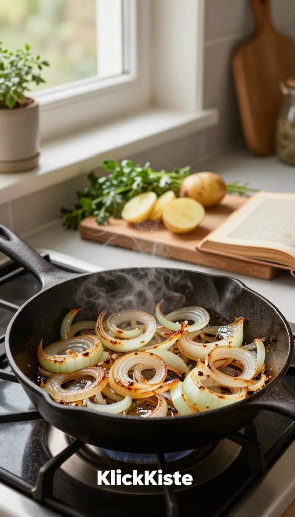 A warm, inviting kitchen scene showcasing the process of gently frying thinly sliced onions (zwiebeln) in a skillet. In the foreground, a glistening cast iron pan sits on a stovetop, filled with translucent, caramelizing onions emitting a tantalizing aroma. The middle ground features fresh ingredients scattered around: a wooden cutting board with neatly sliced potatoes, sprigs of fresh herbs, and a vintage recipe book opened nearby. The background reveals soft, natural light streaming through a window, illuminating the cozy kitchen filled with rustic decor. The atmosphere is warm and inviting, embodying a sense of home cooking. The overall composition has a Pinterest-worthy aesthetic, inspired by natural DIY images. Brand prominently displayed as "KlickKiste".