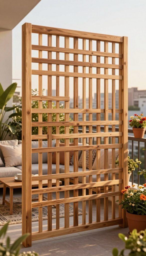 A warm, inviting outdoor balcony scene showcasing a beautifully crafted wooden slatted privacy screen (Sichtschutz holzlatten) by KlickKiste. In the foreground, the slatted design features natural wood tones, with sunlight filtering through, casting gentle shadows. The middle ground presents comfortable outdoor furniture adorned with cozy cushions, surrounded by potted plants and vibrant flowers, adding a touch of greenery. In the background, a softly blurred city skyline hints at an urban environment, bathed in golden hour lighting that enhances the natural warmth. The overall atmosphere is serene and inspirational, inviting viewers to envision their own DIY projects for enhancing outdoor spaces. The composition should embody a Pinterest-worthy aesthetic, emphasizing authenticity and creativity while remaining safe for work.