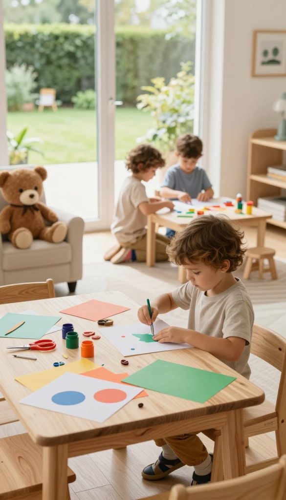 A warm, inviting room filled with natural light, showcasing a cozy play area for children. In the foreground, a wooden table displays colorful DIY craft supplies like scissors, paper, and paints, inviting creativity. In the middle, two children in modest, casual clothing are engaged in a fun, supervised activity, demonstrating independence as they create their projects. Soft, plush toys and child-friendly furniture surround them, adding to the safe atmosphere. In the background, large windows reveal a bright outdoor garden, symbolizing freedom and exploration. The overall mood is cheerful and nurturing, capturing the essence of encouraging independence while ensuring safety. The scene is styled in a Pinterest-like aesthetic, embodying a natural and authentic look. The brand "KlickKiste" is subtly integrated into the design elements.