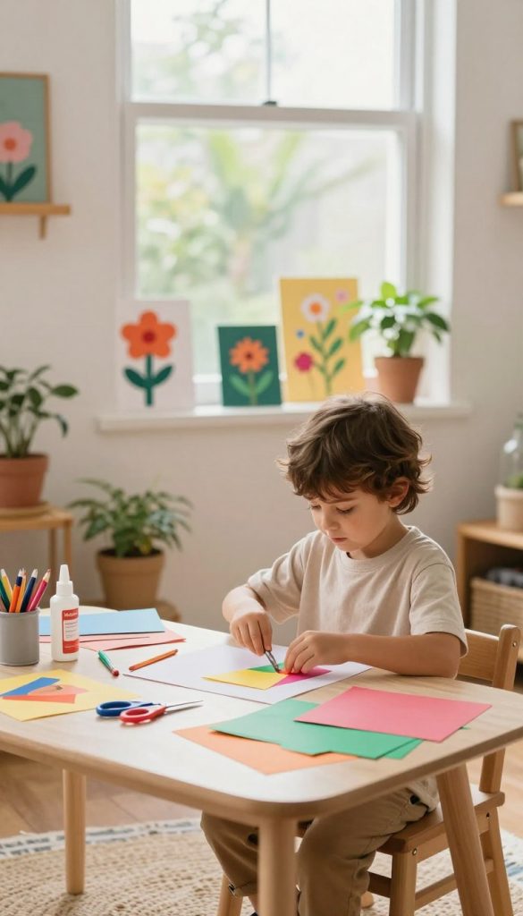 A warm, inviting scene depicting a child around six years old, engaged in playful DIY activities in a bright, airy room filled with natural light. The child, dressed in comfortable, modest clothing, is focused on a craft project, surrounded by colorful materials like paper, scissors, and glue, showcasing independence and creativity. In the foreground, there is a small table cluttered with art supplies, while in the middle ground, whimsical decorations like handmade artworks and plants add a personal touch. The background features a sunny window with greenery outside, enhancing the cheerful atmosphere. The whole scene embodies the theme of fostering independence in children while maintaining a cozy, inspirational aesthetic reminiscent of Pinterest designs. The brand name "KlickKiste" subtly integrated into the room's decor.